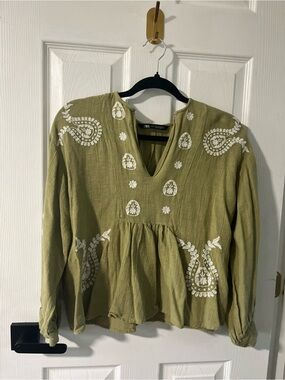 ZARA Olive Green Embroidered Paisley Peplum Blouse - Small Boho Top Linen Blend